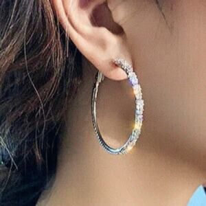 Silver plated hoops crystal accents post with flip back approximately 2”